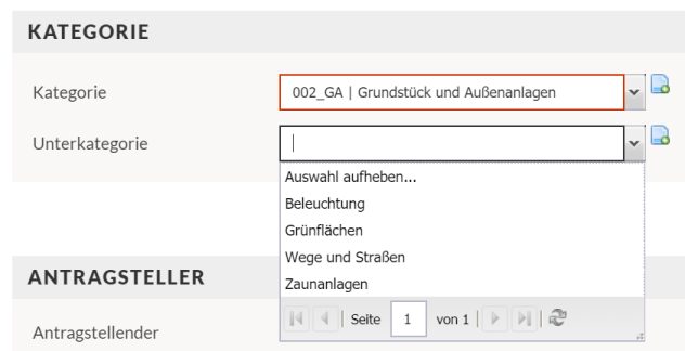 Screenshot der Auswahl der Unterkategorie im Serviceticket