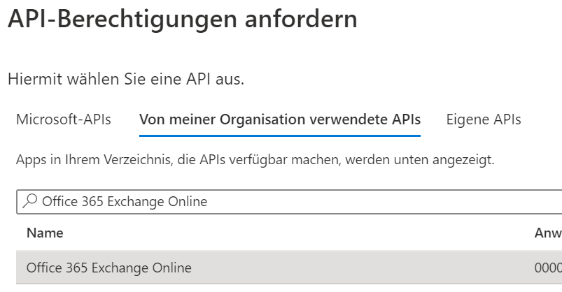 Screenshot des Reiters Von meiner Organisation verwendetet APIs mit Suchfenster