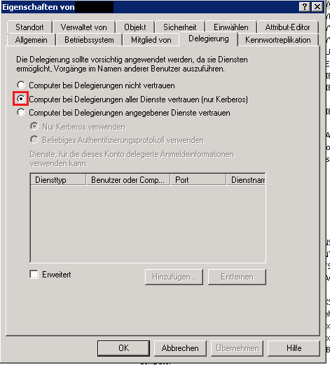 In den Eigenschaften unter "Delegierung" die Option "Computer bei Delegierungen aller Dienste vertrauen (nur Kerberos)". Die Option "Erweitert" ist nicht aktiviert.