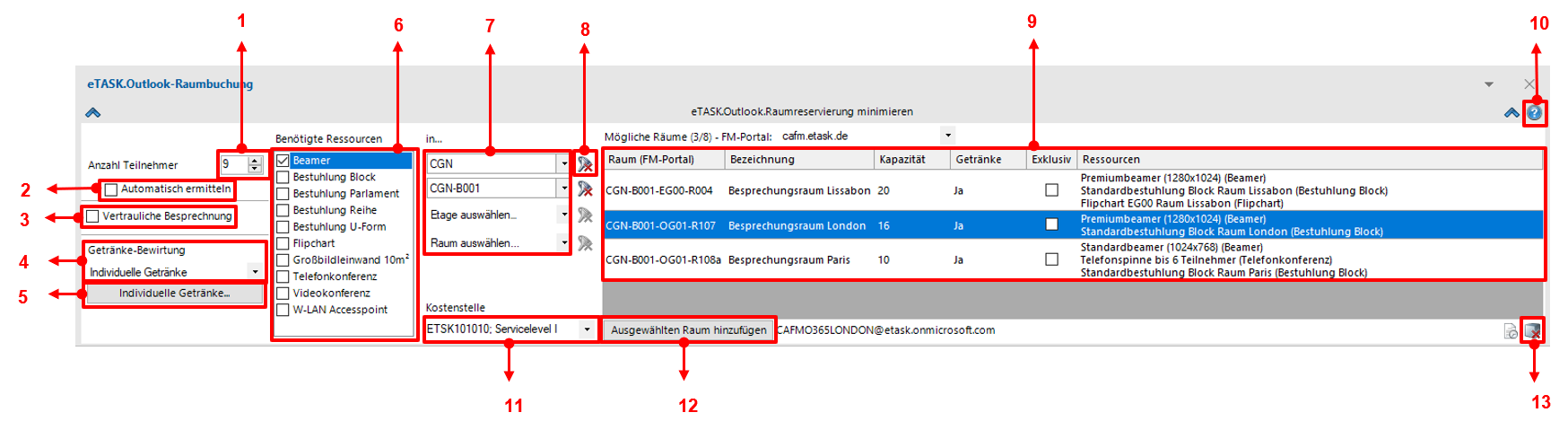 Screenshot des Add-In-Bereichs mit roten Markierungen der einzelnen Bedienelemente