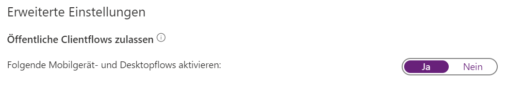 Screenshot der erweiterten Einstellungen zum Zulassen von öffentlichen Clientflows