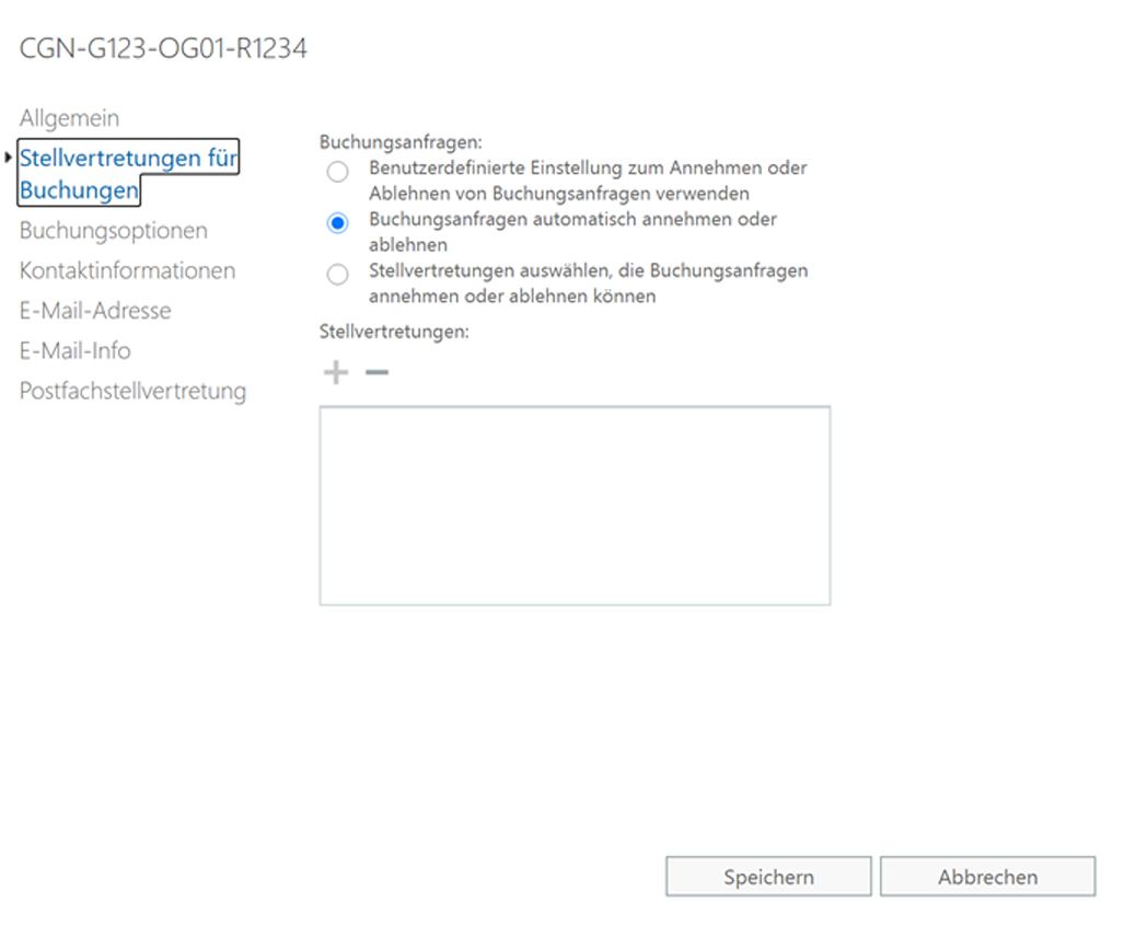 Im Bereich "Stellvertretungen für Buchungen" bei "Buchungsanfragen" die Option "Buchungsanfragen automatisch annehmen oder ablehnen" wählen.