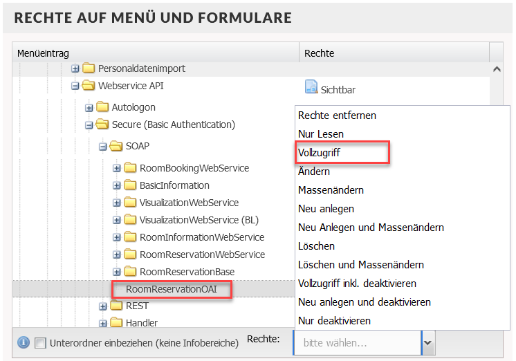 Screenshot des Bereichs Rechte auf Menü und Formulare mit Markierung auf RoomReservation OAI und Vollzugriff