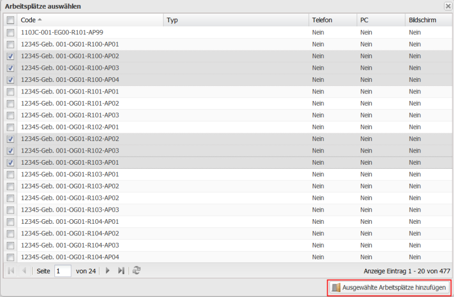 Screenshot des Kalenders mit Markierung der Schaltfläche Ausgewählte Arbeitsplätze anzeigen