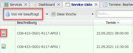 Screenshot der Serviceliste mit roter Markierung