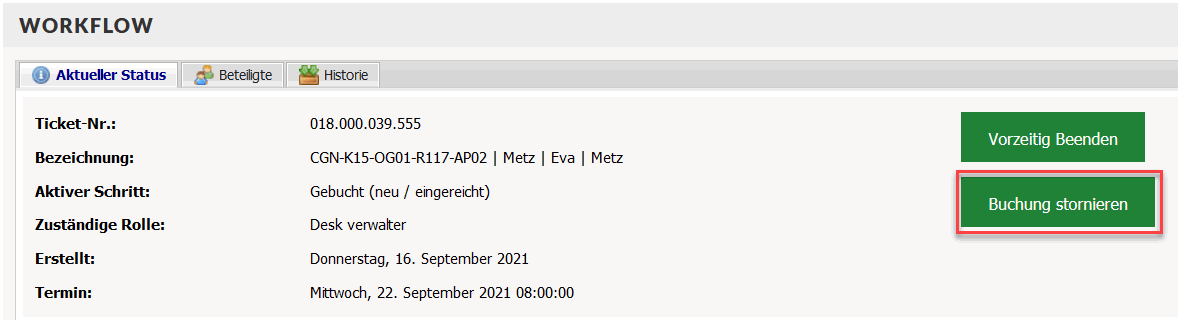 Screenshot des Abschnitts Workflow mit roter Markierung der Stornieren-Schaltfläche