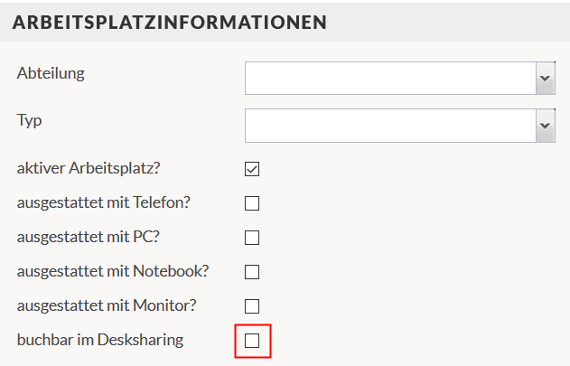 Screenshot des Abschnitts Arbeitsplatzinformationen mit roter Markeriung bei der Aktivierung des Arbeitsplatzes für das Desksharing