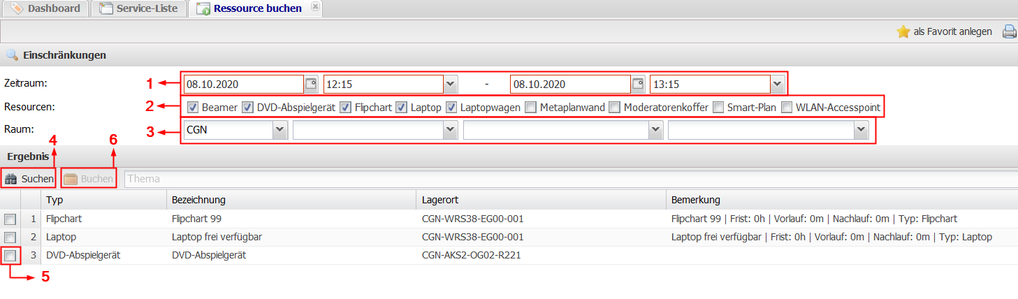 Screenshot der Oberfläche mit Nummerierung der Arbeitsschritte