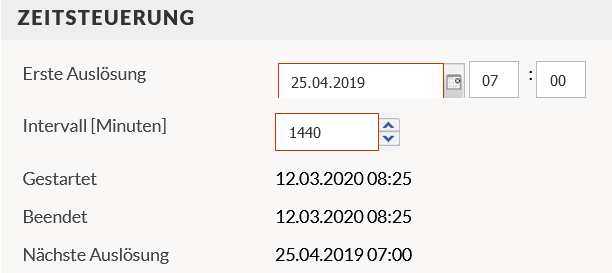 Screenshot des Bereichs Zeitsteuerung mit eingetragenem Intervall von 1140 Minuten