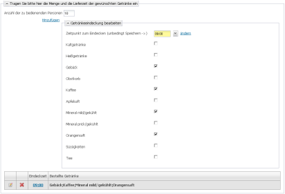 Screenshot der Oberfläche: Auswahl der gewünschten Cateringarten über das Setzen von Haken