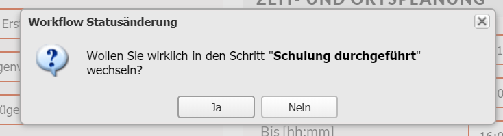 Screenshot der Systemmeldung zur Statusänderung im Workflow