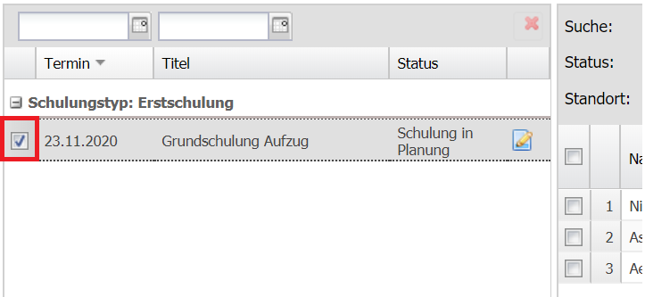 Screenshot der Auswahl einer Schulung in der Teilnehmerdisposition