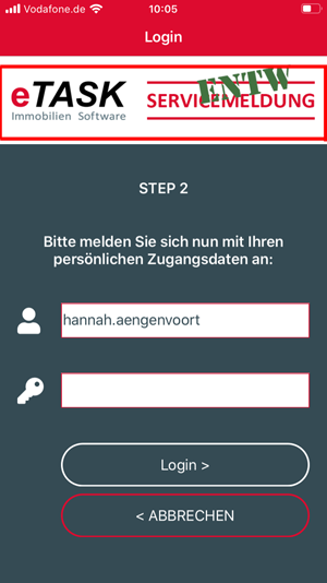 Screenshot der Anmeldeseite der eTASK.Servicemeldung-App. Von oben nach unten: Überschrift "Login", individueller Header, "Step 2", Erklärung zur Anmelden, Benutzer, Kenntwort, Loginbutton, Abbrechen-Button.