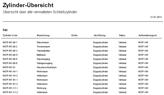 Screenshot des Berichts Zylinderübersicht mit Beispieldaten