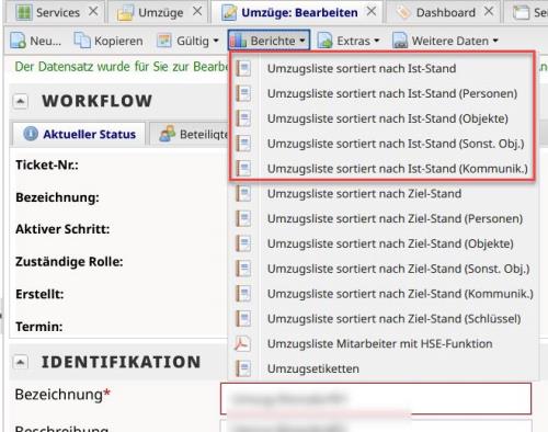 Screenshot aller Berichte zum Umzugsmanagement mit Markierung der ersten fünf Berichte