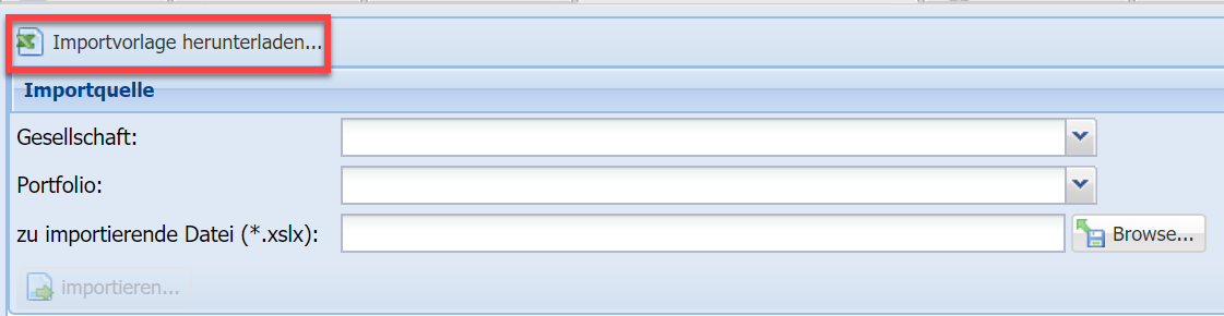 Screenshot des Oberfläche des Import Mietvertragsliste mit Markierung des Buttons "Importvorlage herunterladen"