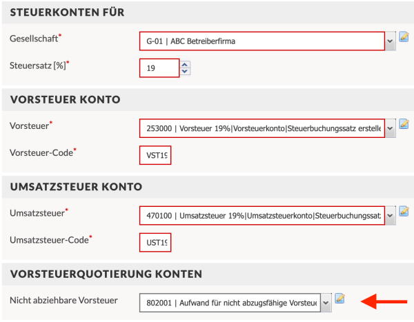 Auswahl des Sachkontos im Abschnitt Vorsteuerquotierung Konten