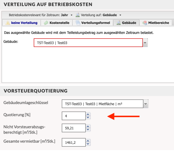 Abschnitt Verteilung auf Betriebskosten mit Auswahl eines Gebäudes und Abschnitt Vorsteuerquotierung mit Eintrag der Quotierung in %