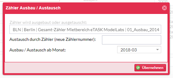 Screenshot des Popup-Fensters zum Ausbau / Austausch eines Zählers