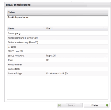 Screenshot des EBICS-Initialisierungsassistenten im FM-Portal