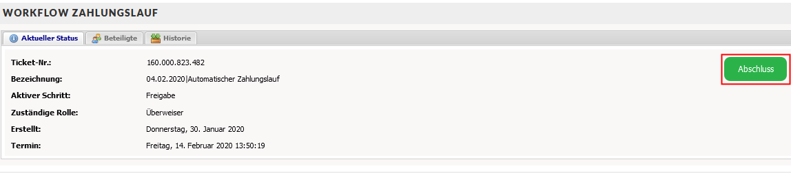 Screenhot des Bereichs "Workflow Zahlungslauf" mit Markierung des Buttons "Abschluss"
